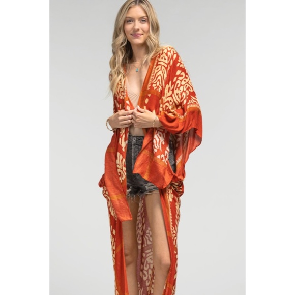 SOLD OUT Rust Damask Print Pompom Trim Bohemian Kimono Wrap Coverup Open Top - Picture 3 of 4